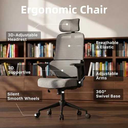 Vista 3 de Silla de escritorio ergonómica de respaldo alto con soporte lumbar ajustable y reposacabezas, silla de escritorio de oficina en casa
