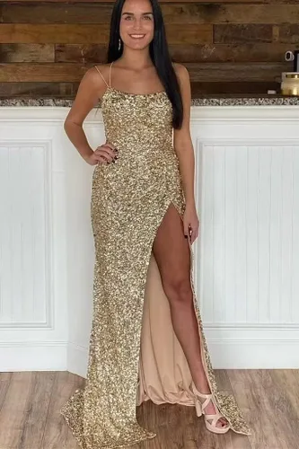 Vista 7 de Vestidos de fiesta de lentejuelas para mujer, largos y brillantes, sin espalda, vestidos formales de fiesta de noche con abertura