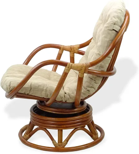Vista 5 de Bali Lounge - Mecedora giratoria con cojín color crema, mimbre de ratán natural, hecho a mano, colonial
