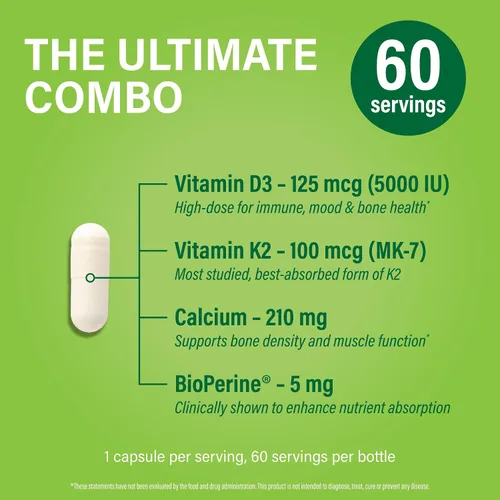 Vista 3 de Noophoric Vitamina D3 K2 5000 UI, D3 con K2 MK7, cápsulas de vitamina D3 K2 con calcio y bioperina, sin OMG, sin gluten, sin soja, 60 cápsulas