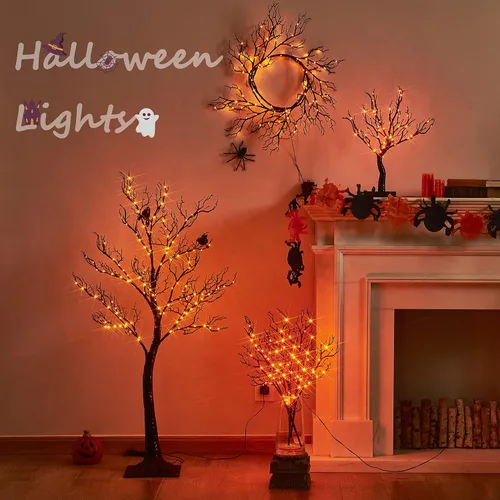 Vista 7 de BAOLITVINE - Guirnalda iluminada de Halloween, funciona con pilas, con 8 funciones, 6 pies, 120 luces de hadas bicolor, guirnalda negra con luces