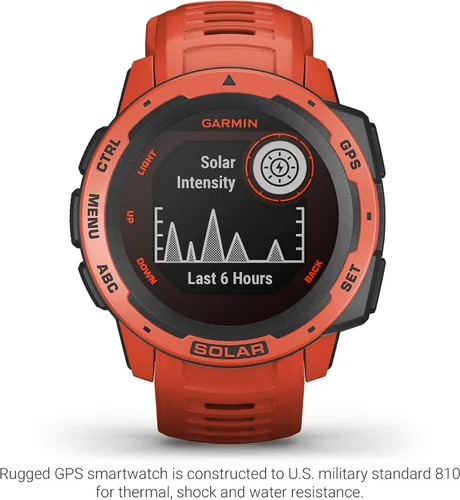 Vista 2 de Garmin Instinct Solar, reloj inteligente resistente para exteriores alimentado por energía solar, aplicaciones deportivas integradas y monitoreo