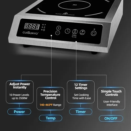 Vista 7 de Cocina de inducción comercial de 3500 W, quemador portátil de 240 V para encimera con 10 niveles de potencia, 12 ajustes de temporizador, control