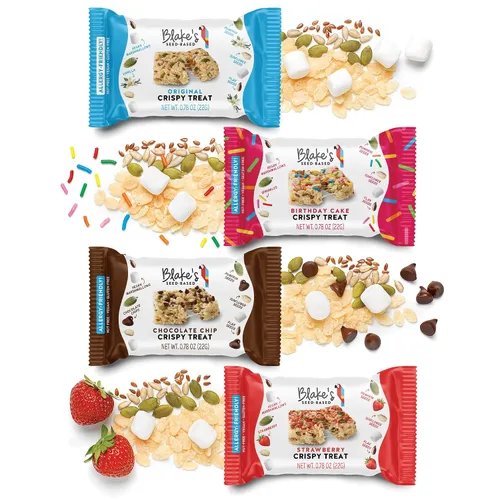 Vista 6 de Blake’s Seed Based, Birthday Cake - Golosinas de arroz crujiente sabor a torta de cumpleaños, sin nueces, gluten, lácteos, ni soya; snack saludable