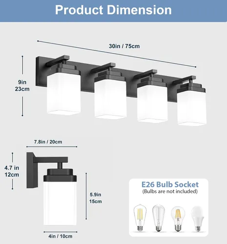 Vista 2 de Lámparas de baño de oro cepillado, 4 luces de baño sobre el espejo, diseño cuadrado y placa trasera grande rectangular, accesorios de iluminación