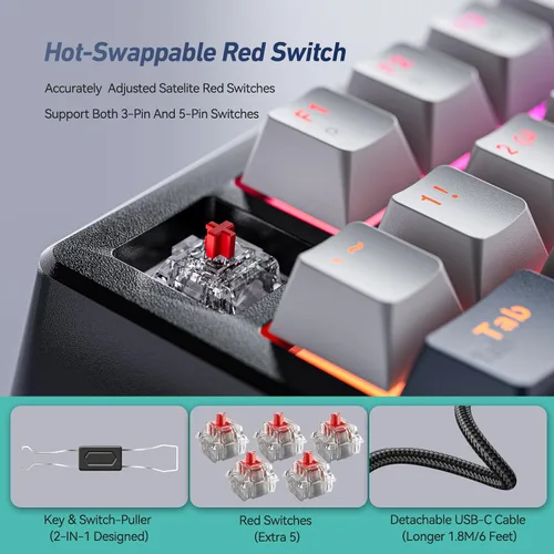Vista 3 de EarlyLit Teclado mecánico intercambiable en caliente, teclado para juegos con cable con almohadilla numérica, junta silenciosa e interruptores