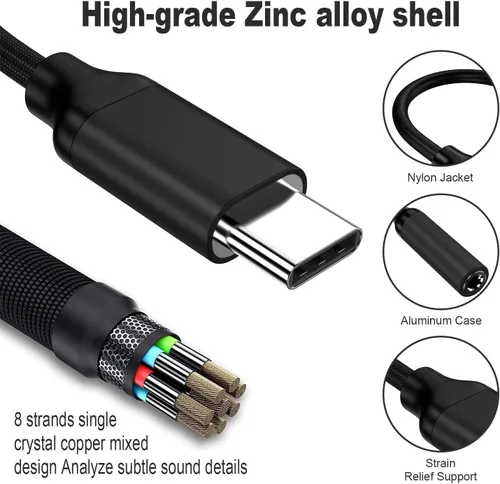 Vista 2 de Adaptador USB tipo C a conector de auriculares hembra de 3.5 mm (Negro), cable USB C a auxiliar de audio compatible con Pixel 4 3 2 XL, Samsung