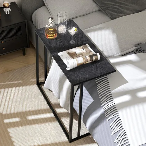 Vista 4 de Mesa auxiliar en forma de C, moderna mesa auxiliar con marco de metal, diseño que ahorra espacio para sala de estar, mesa de sofá de superficie Negro