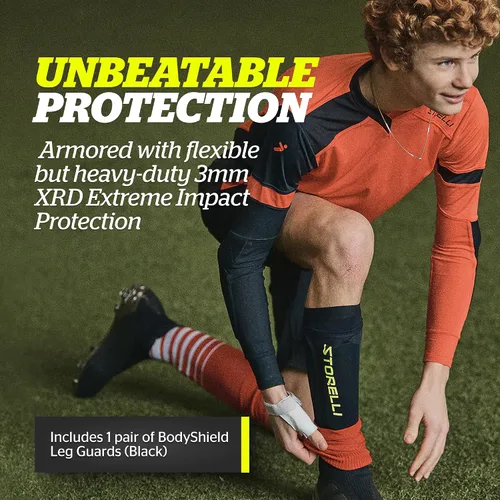 Vista 2 de Storelli BodyShield Espinilleras, Mangas de Espinilleras de Compresión Premium para Jugadores de Fútbol, Resistentes a los Rayos UV, Unisex, 1 Par