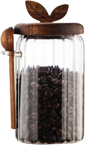 Vista 8 de ANSQU - Tarro de vidrio con cuchara, tarro de café de 20.3 onzas con tapa de madera