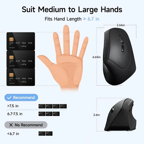 Vista 8 de SANWA - Ratón ergonómico inalámbrico 2.4G, mouse vertical de clic silencioso, 3 botones programables, 800-1600 DPI, mouse Ergo inalámbrico para Negro