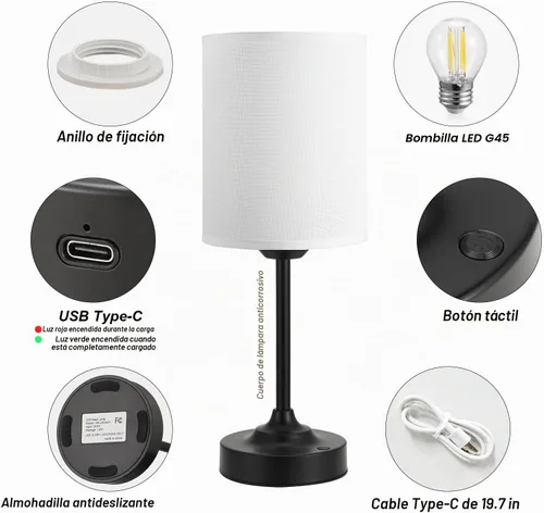 Vista 6 de Lámpara de mesa Cordlss con control táctil, lámpara recargable USB-C con atenuación continua, 4000 mAh, funciona con pilas, lámpara de noche