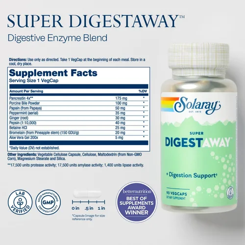 Vista 2 de SOLARAY Enzimas digestivas Super Digestaway - Pancreatina, papaína, jengibre, pepsina, betaína HCl, aloe vera y más - Apoyo a la digestión