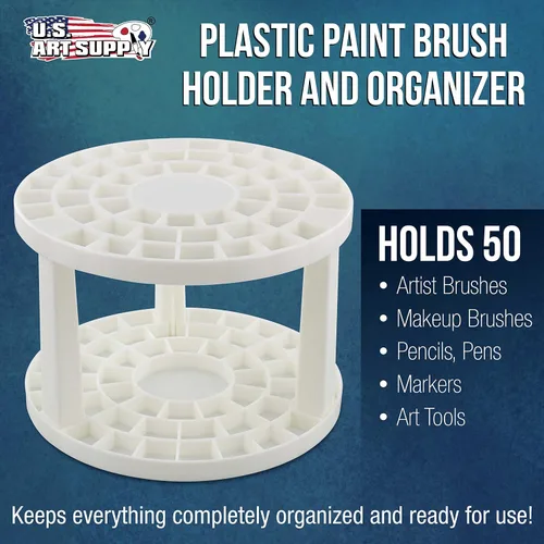 Vista 2 de U.S. Art Supply - Soporte y organizador redondo de plástico para pinceles de artista con 50 agujeros - Estante para pinceles de pintura, pinceles
