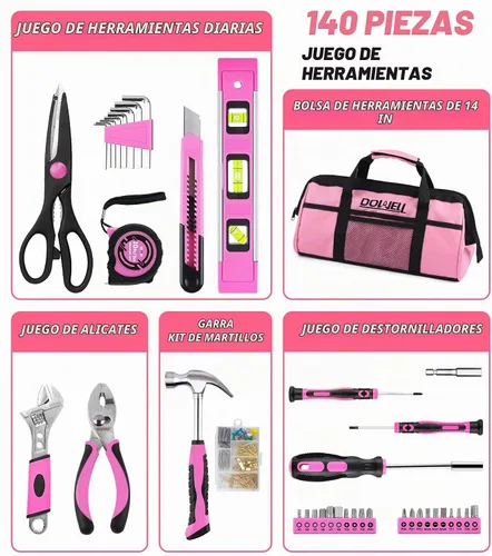 Vista 2 de DOWELL Kit de herramientas rosa de 140 piezas para mujeres, niñas, damas, juego de herramientas para el hogar con bolsa de herramientas de 14