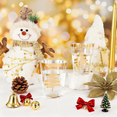 Vista 4 de LIYH 150Pcs Christmas Disposable Plastic Dinnerware Set, White Plates with Gold Line Printed, MERRY CHRISTMAS Pattern, Golden Cutlery, 9oz