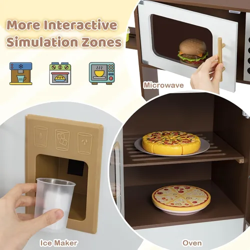 Vista 5 de Costzon Cocina de Juego de Esquina, Pequeño Chef Cocina de Juego de Simulación con Luz y Sonido Reales, Carrito Extraíble, Contenedores de Tela