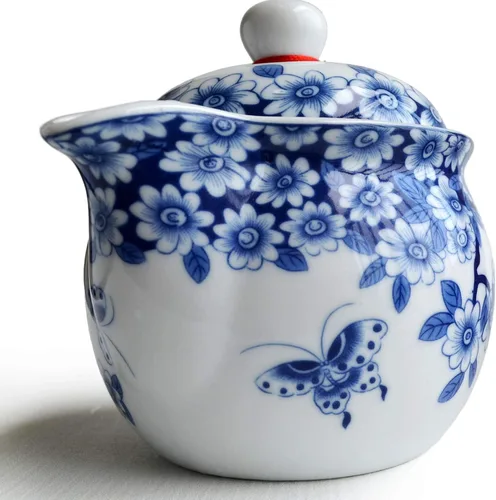 Vista 8 de Tetera pequeña de 12 onzas, tetera de porcelana azul y blanca con filtro de acero inoxidable para té suelto (flores de maceta embellecen)