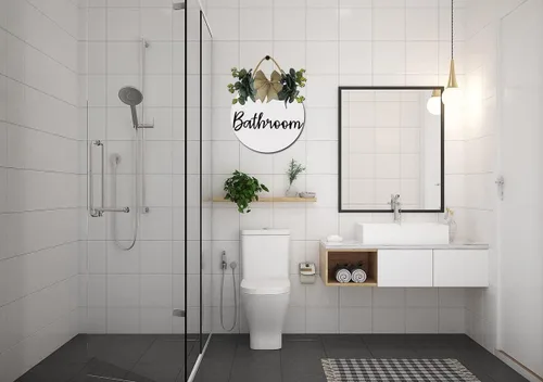 Vista 3 de Letrero de baño para puerta frontal para decoración de pared, letrero hecho a mano con el texto en inglés "Bathroom", letrero de madera
