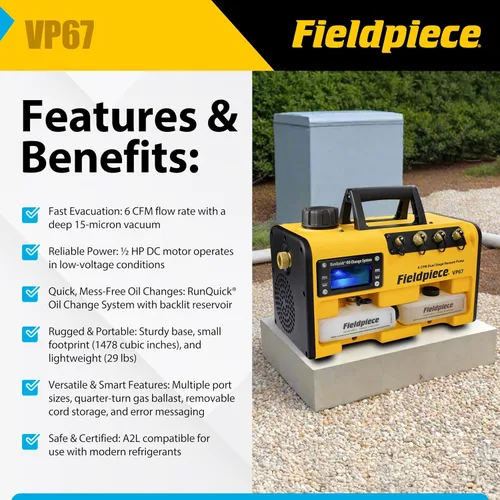 Vista 2 de Bomba de vacío Fieldpiece VP67 – 6 CFM, motor DC de 1/2 HP, sistema de cambio de aceite RunQuick – portátil - herramienta profesional HVAC