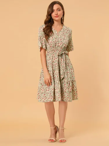 Vista 2 de Allegra K Vestido floral con dobladillo escalonado y volantes para mujer, cintura con lazo y cuello en V, manga acampanada, M