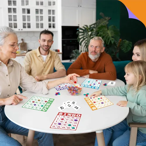 Vista 7 de Paquete de 100 tarjetas de juego de bingo de números, hojas de papel desechables reutilizables multicolor para niños, juegos de mesa de bingo