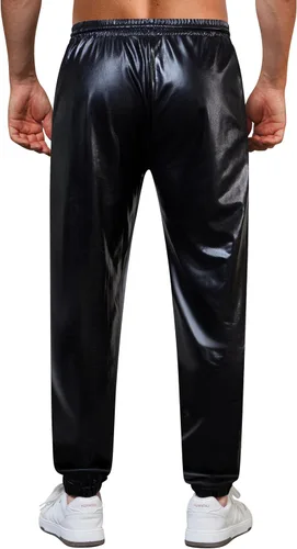 Vista 3 de WULFUL Pantalones deportivos metálicos para hombre, disfraz de discoteca de los años 70, con lentejuelas
