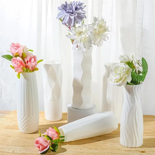 Vista 4 de Hoolerry 12 jarrones de flores blancas a granel para centros de mesa, florero blanco de plástico para flores, jarrón decorativo alto irrompible