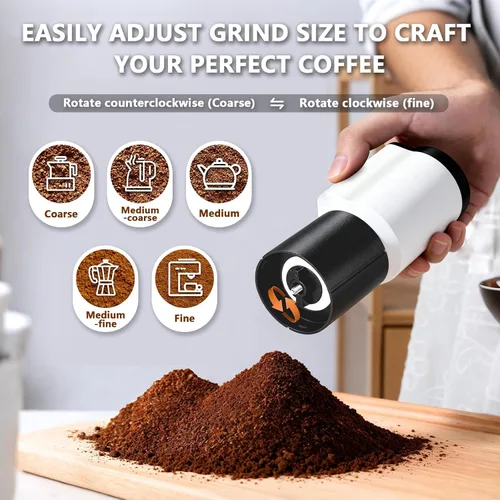 Vista 2 de Molinillo de café eléctrico portátil compacto, cuenta con una batería recargable integrada de 1300 mAh, ajustes de molienda ajustables para granos