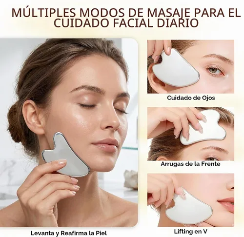 Vista 4 de Cepillo facial de contorno linfático 3PCS con herramienta Guasha de acero Rosa