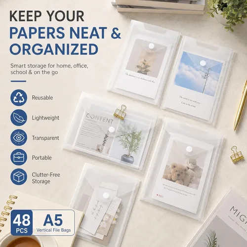 Vista 7 de CYEAH 48 Pack Plastic Envelopes, 7 X 10" Clear Reusable Waterproof File Folder with Snap Button, A5 Clear Envelopes for School and Office Supplies