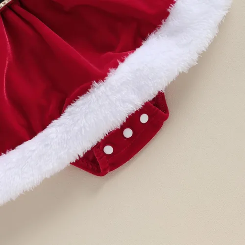 Vista 6 de Mameluco de Navidad para bebé recién nacida, vestido de terciopelo rojo, 2 piezas, ropa de Navidad para bebé