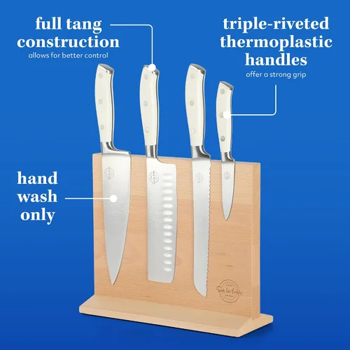 Vista 3 de Sur La Table Kitchen Essentials - Juego de 5 piezas de cuchillos de acero alemán con mango triple remachado en bloque magnético de madera de haya
