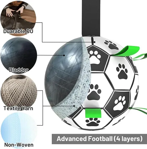 Vista 4 de Juguetes para perros con correas, pelota de fútbol de 6" Copa del Mundo, juguetes interactivos para perros para tirón de guerra, juego de jardín