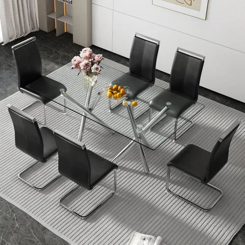 Vista 14 de Juego de 6 mesas de comedor de cristal, moderno juego de mesa de comedor de vidrio templado rectangular transparente de 71 pulgadas y 6 sillas