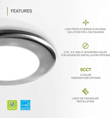 Vista 3 de ASD Paquete de 6 luces LED de disco de 4 pulgadas, 10 W 5CCT 2700K-5000K 685LM CRI90+, lámpara de techo regulable, disco de montaje en superficie