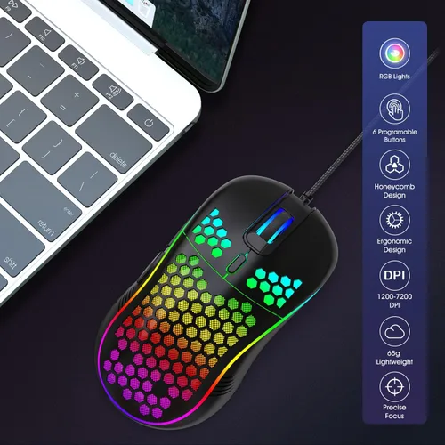 Vista 7 de JYCSTE Wired Gaming Mouse, Computer Mouse Ergonomic Mice Honeycomb Design with RGB Backlight, 6 Buttons, 7200 Adjustable DPI for PCMacLaptop