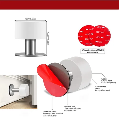 Vista 4 de Topes de puerta con calcomanías adicionales, tope de puerta autoadhesivo con goma blanca y cuerpo de acero inoxidable - Parachoques de puerta