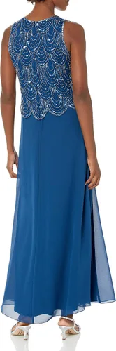 Vista 4 de J Kara Vestido largo sin mangas con cuentas para mujer con bufanda