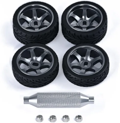 Vista 14 de Llantas de rueda de 6 radios y neumáticos de deriva de coche RC para 1/28 RC Hobby modelo, [2 estrechos+2 anchos] 4 llantas de aleación de aluminio