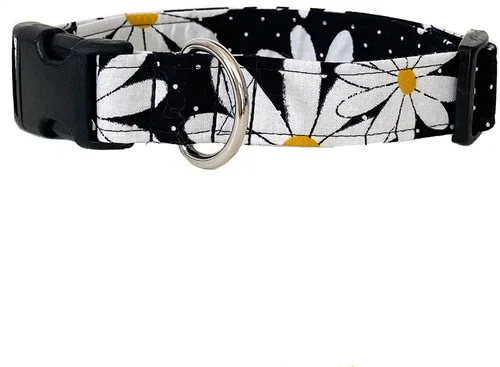 Vista 3 de Black and White Daisy Dog Collar with Buckle - Made in the USA - Handmade by Collars by Design (X-Small)