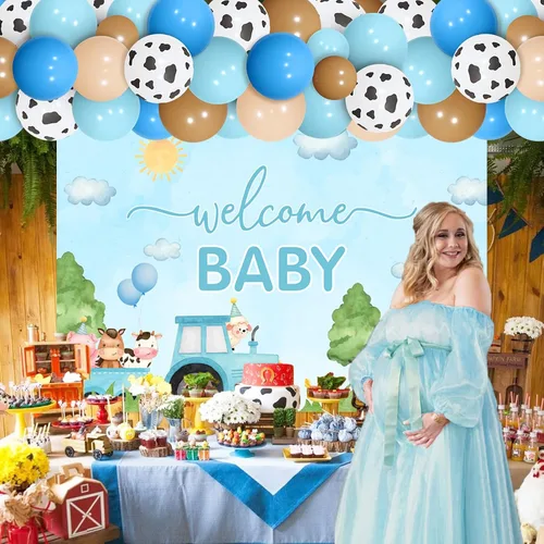 Vista 2 de Decoraciones de baby shower de animales de granja azules – Kit de arco de guirnalda de globos de animales de granja con fondo de bienvenida