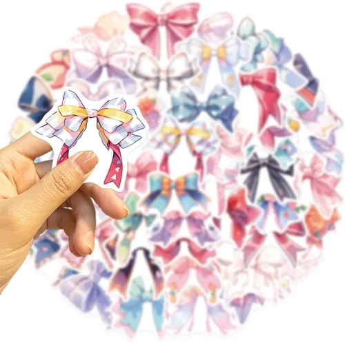 Vista 2 de Calcomanías estéticas de lazos para niñas, 50 calcomanías vintage de anime con nudo de lazo, vinilo impermeable con lazos rosas para botella de Arcos