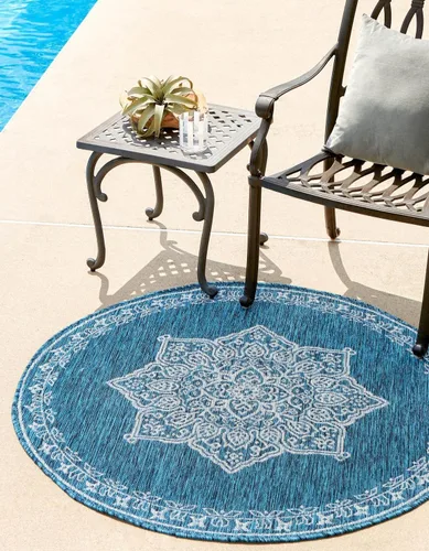 Vista 39 de Unique Loom Alfombra de la colección tradicional para exteriores, antigua (4 pies 1 pulgada, redonda, verde azulado/gris)