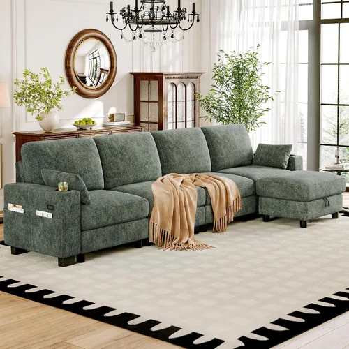 Vista 18 de Vipbear Sofá modular seccional, sofá de chenilla cómodo en forma de L de Marfil