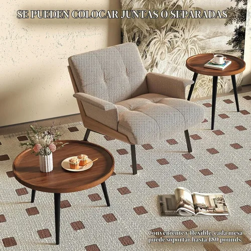 Vista 7 de 2 piezas de mesa de centro moderna de mediados de siglo, redonda para sala de estar, fácil de montar, mesas de centro anidables, mesa de centro