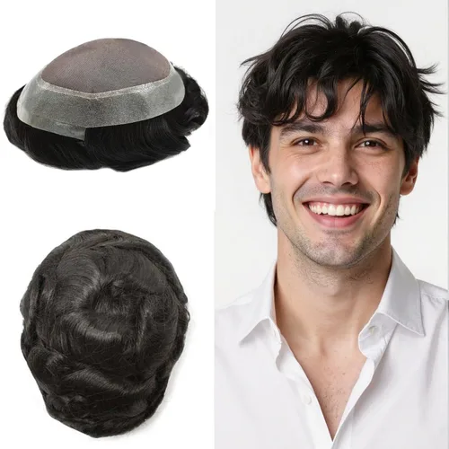 Vista 95 de Toupee para hombres Piezas de pelo fino mono para hombre Toupee sistema de reemplazo de pelo para hombres línea capilar natural para hombre postizo