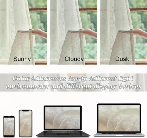 Vista 4 de 2 paneles de cortinas de lino transparente natural de 45 pulgadas, color beige para ventanas pequeñas, bolsillo con pestaña trasera, cortinas cortas