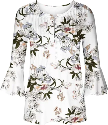 Vista 12 de Ceboyel Blusa tipo túnica con estampado floral para mujer, con botones, estilo Henley, con manga de codo, casual, trajes de moda para mujer