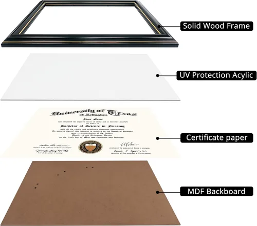 Vista 4 de GraduationMall Marco de diploma de certificado de 8.5 x 11, madera maciza y vidrio templado, acabado negro con ribete dorado